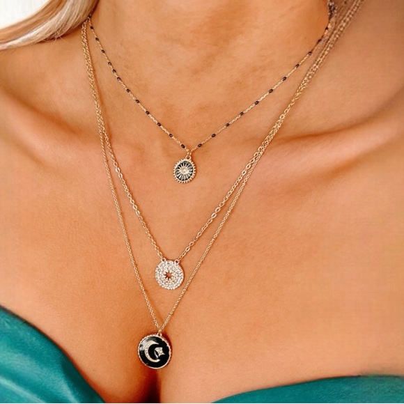 🍂3-Piece Necklace Set. Crescent Moon, Star, Evil Eye, Starburst. Black/Gold - Picture 1 of 8
